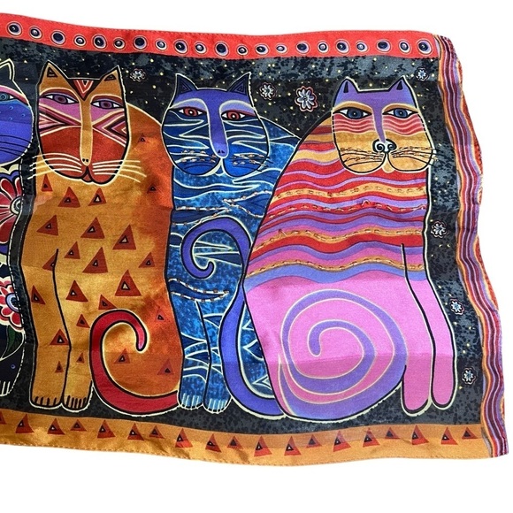 Vintage Laurel Burch Feline Family Portrait Cat Scarf 100% Silk Beaded Sequins - Picture 2 of 8